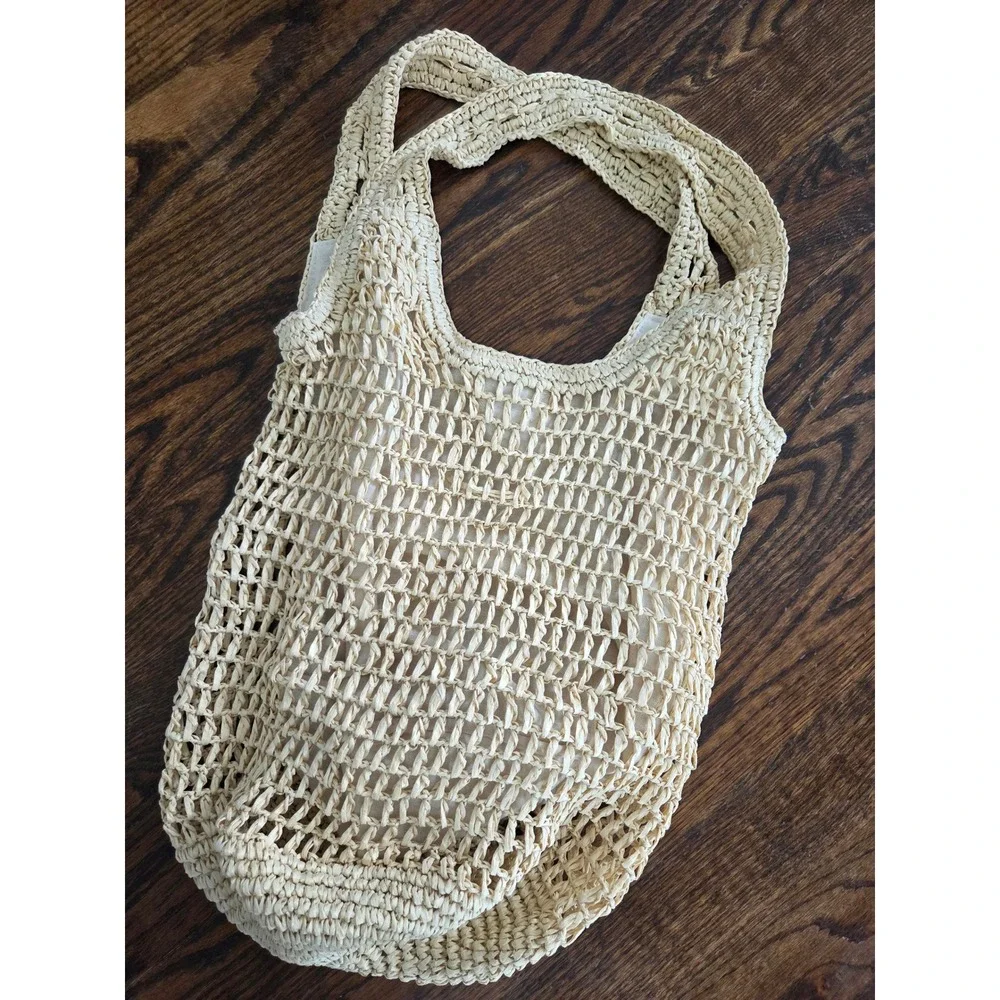 Haute Hippie Crochet Mesh Beach Tote Bag - Cream Boho Woven Hobo